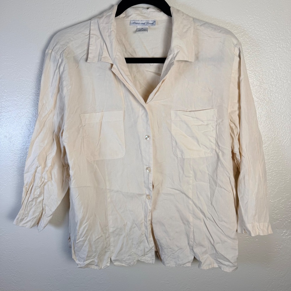Vtg Anna and Frank Womens XL Cream Silk 3/4 Sleeve Classic Luxury Minimalist